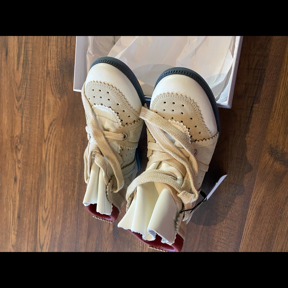 Isabel Marant Beige, White & Red Perforated Wedge Sneaker Boots - Picture 2 of 10